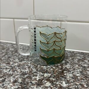 Starbucks Glass Mug with Gold and Green Mermaid Tail Design